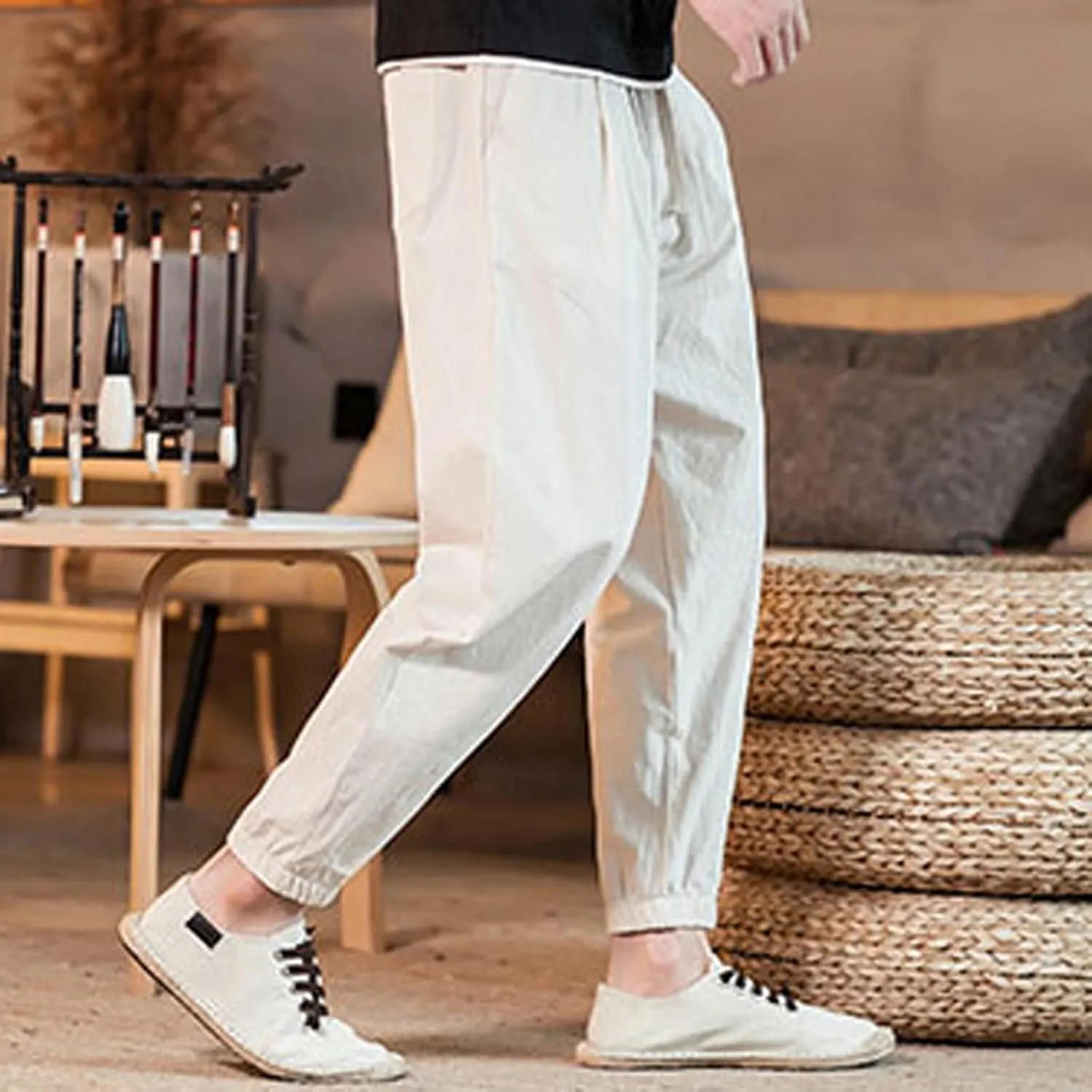 Men's Linen Jogger Pants Casual Drawstring Summer Beach Pants Elastic Waist Yoga Trousers with Pockets