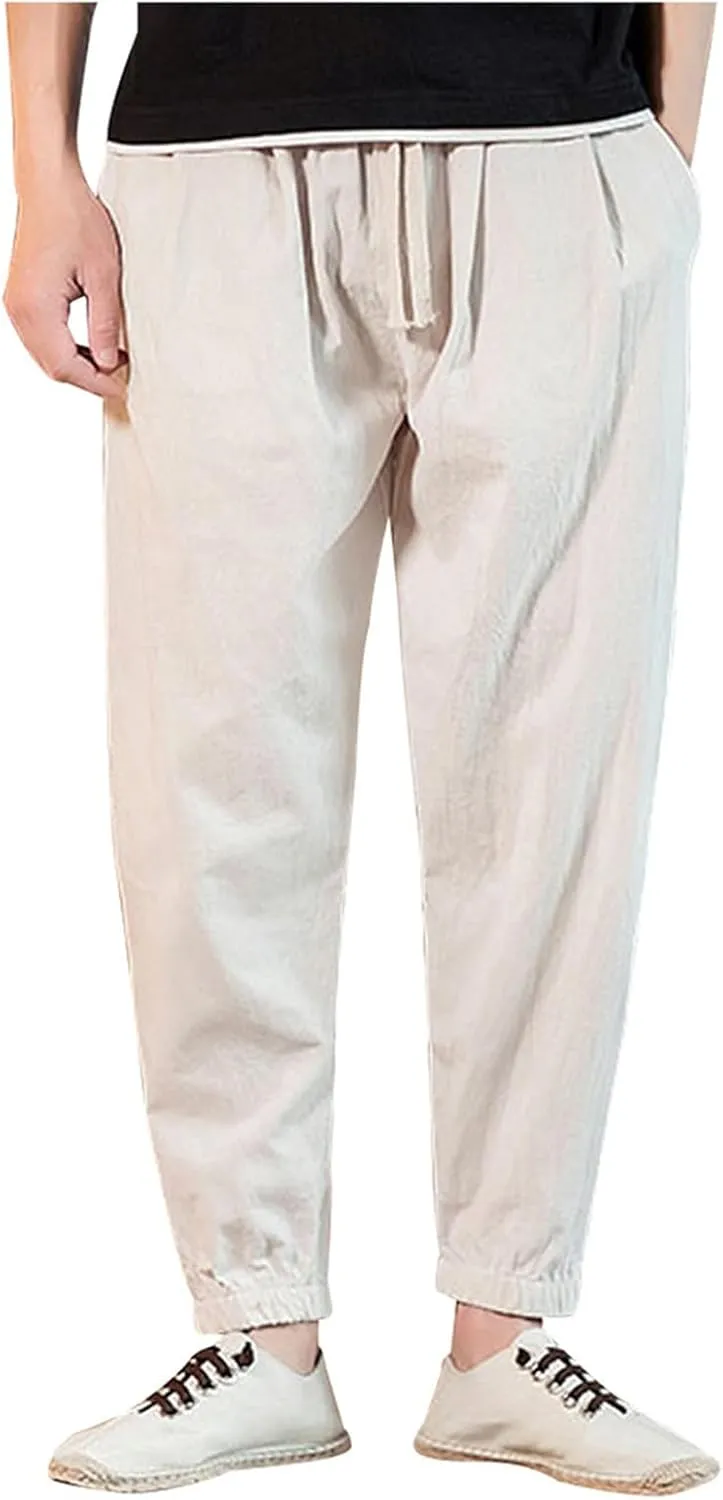Men's Linen Jogger Pants Casual Drawstring Summer Beach Pants Elastic Waist Yoga Trousers with Pockets