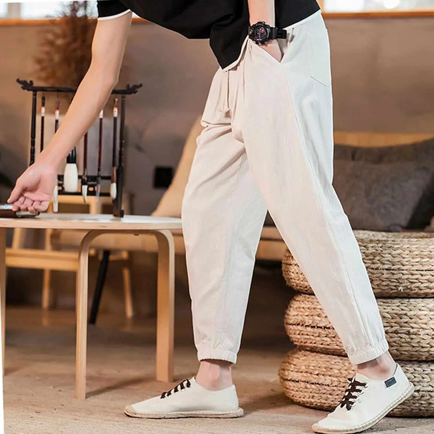 Men's Linen Jogger Pants Casual Drawstring Summer Beach Pants Elastic Waist Yoga Trousers with Pockets