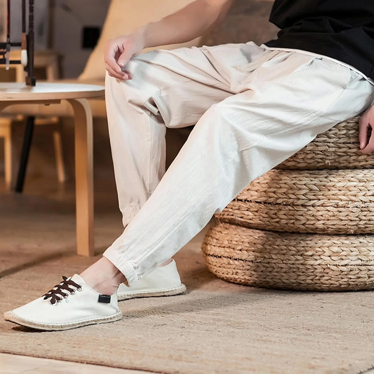 Men's Linen Jogger Pants Casual Drawstring Summer Beach Pants Elastic Waist Yoga Trousers with Pockets