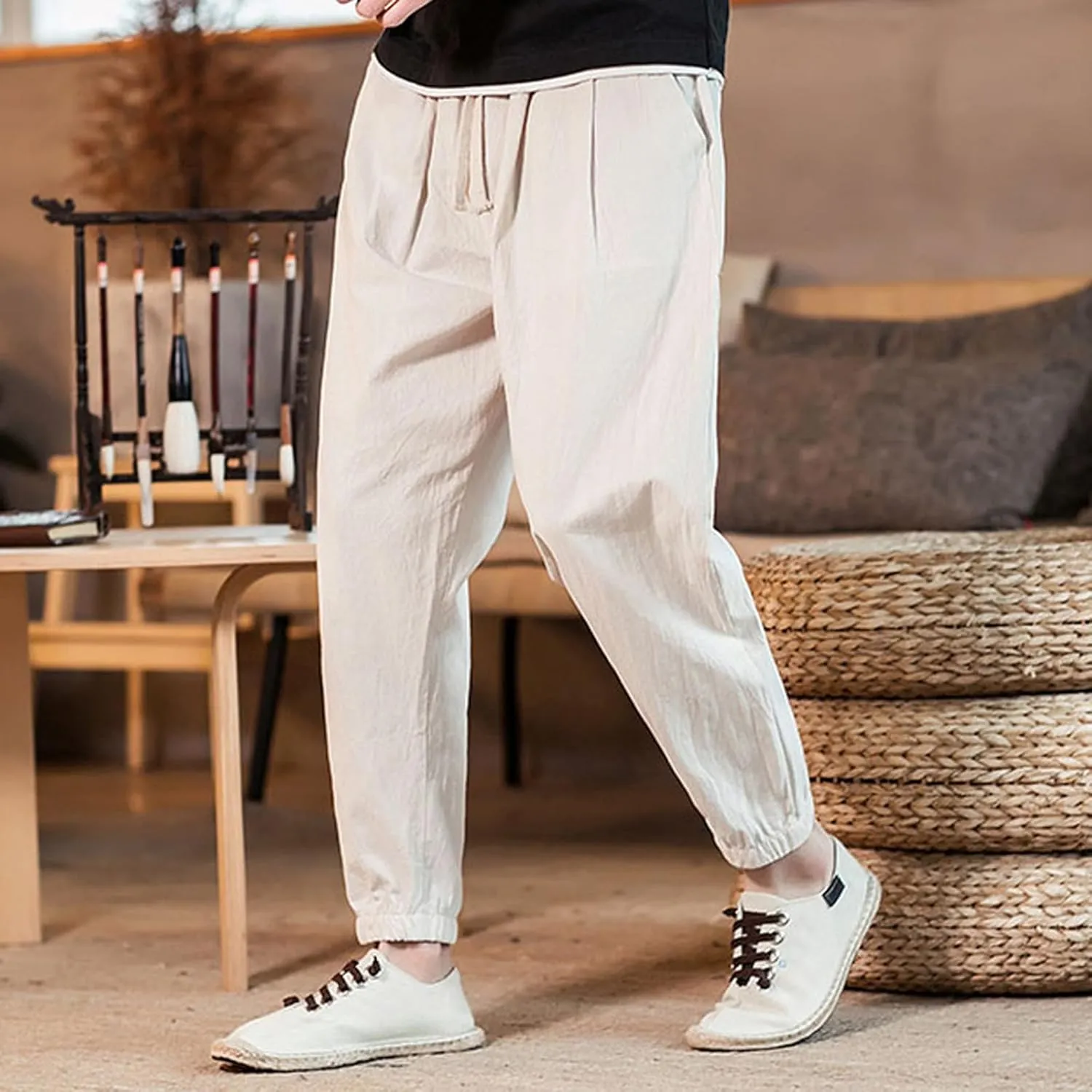 Men's Linen Jogger Pants Casual Drawstring Summer Beach Pants Elastic Waist Yoga Trousers with Pockets