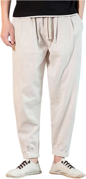 Men's Linen Jogger Pants Casual Drawstring Summer Beach Pants Elastic Waist Yoga Trousers with Pockets