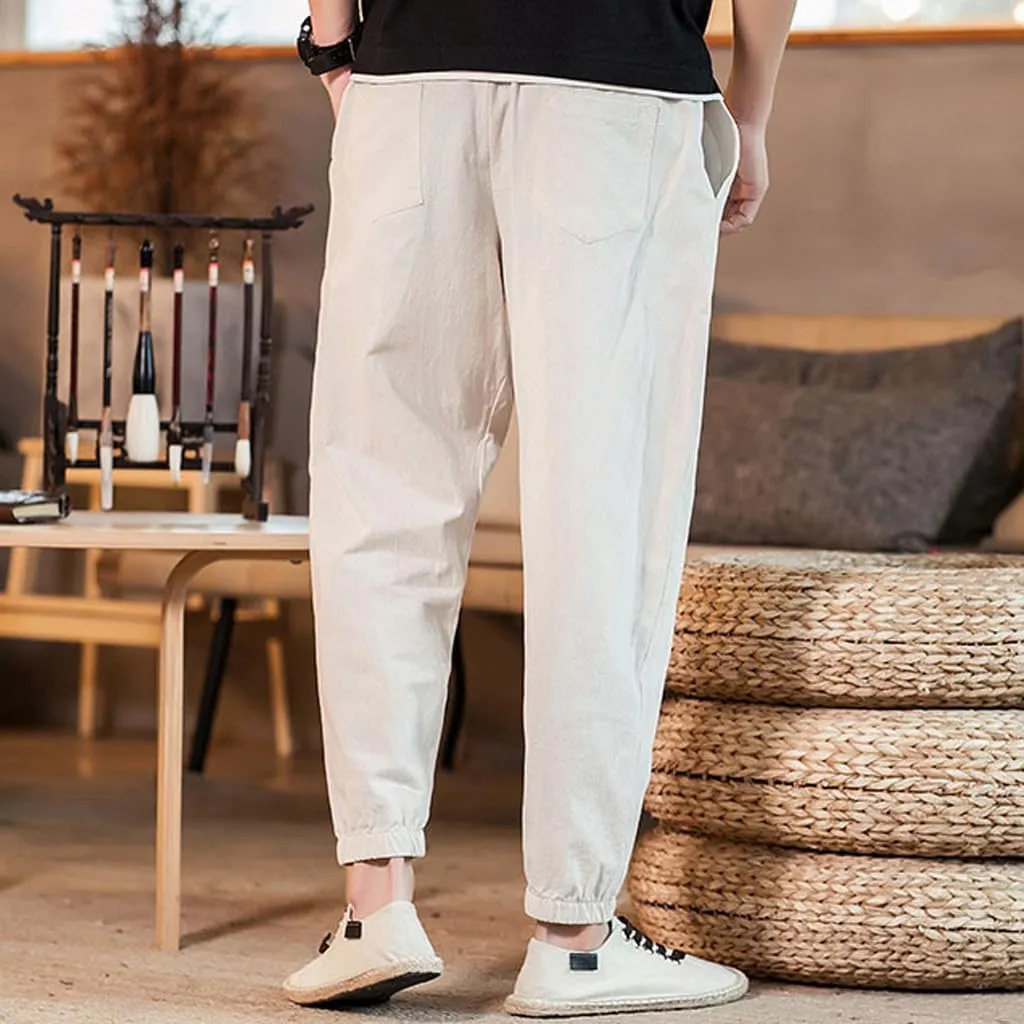 Men's Linen Jogger Pants Casual Drawstring Summer Beach Pants Elastic Waist Yoga Trousers with Pockets