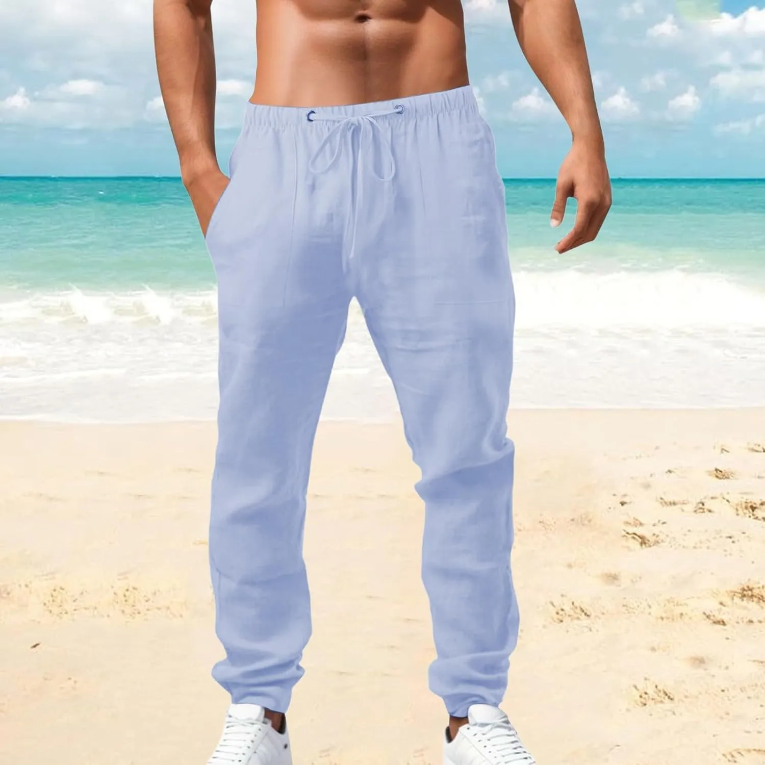 Men's Linen Pants Elastic Drawstring Casual Loose Fit Beach Summer Trousers Lightweight Slacks Yoga Outfits