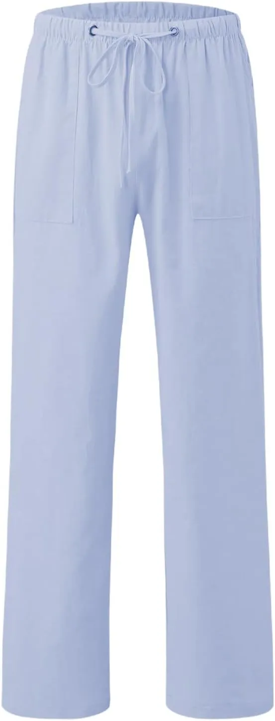 Men's Linen Pants Elastic Drawstring Casual Loose Fit Beach Summer Trousers Lightweight Slacks Yoga Outfits