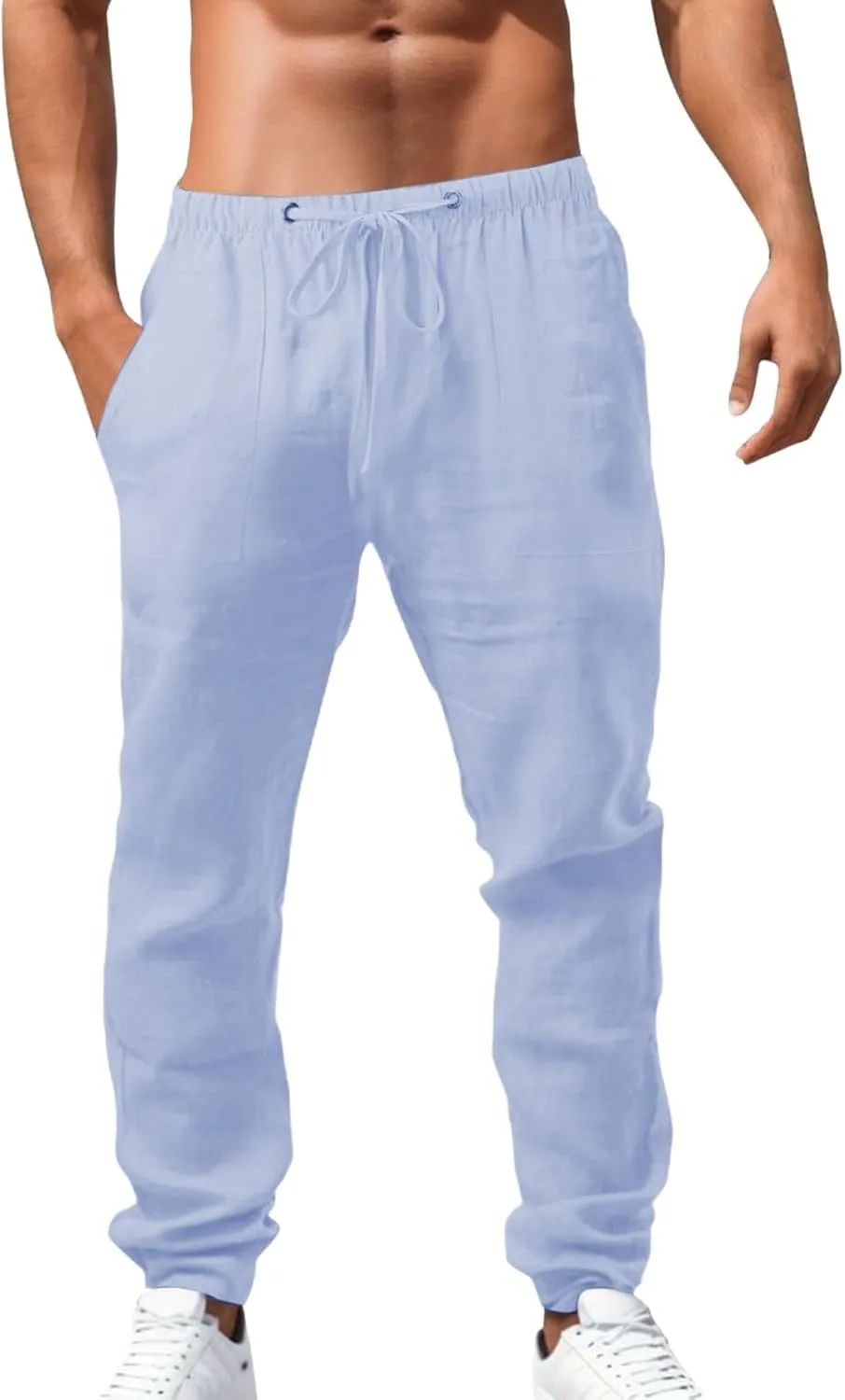 Men's Linen Pants Elastic Drawstring Casual Loose Fit Beach Summer Trousers Lightweight Slacks Yoga Outfits