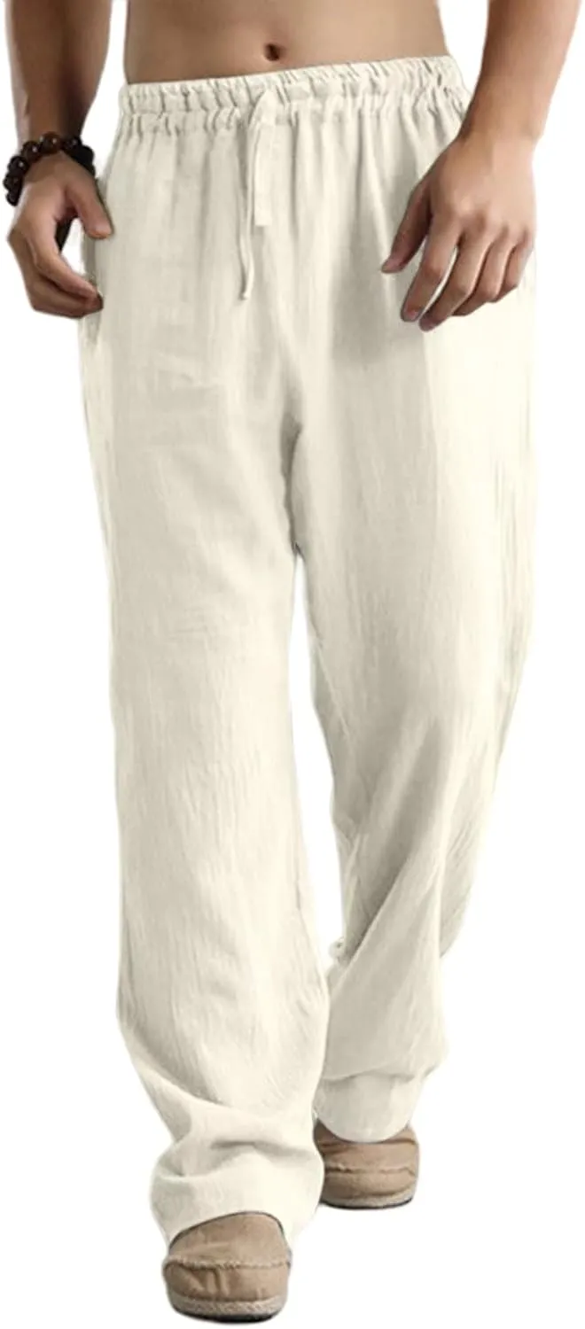 Mens Linen Sweatpants Drawstring Elastic Waist Casual Trendy Lightweight Pants Athletic Joggers Trousers with Pockets