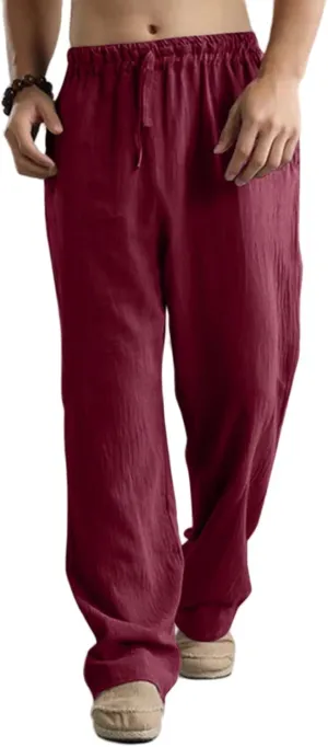 Mens Linen Sweatpants Drawstring Elastic Waist Casual Trendy Lightweight Pants Athletic Joggers Trousers with Pockets