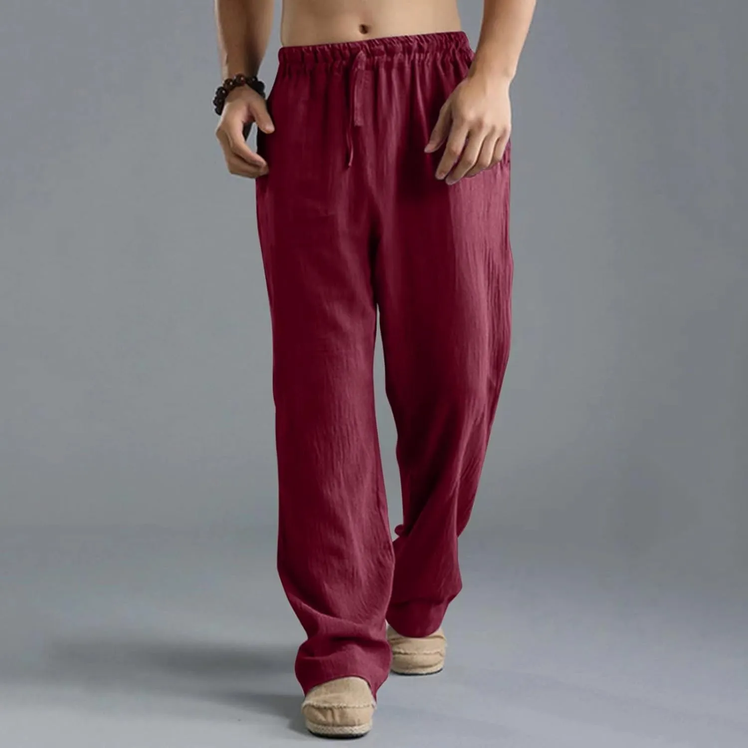 Mens Linen Sweatpants Drawstring Elastic Waist Casual Trendy Lightweight Pants Athletic Joggers Trousers with Pockets