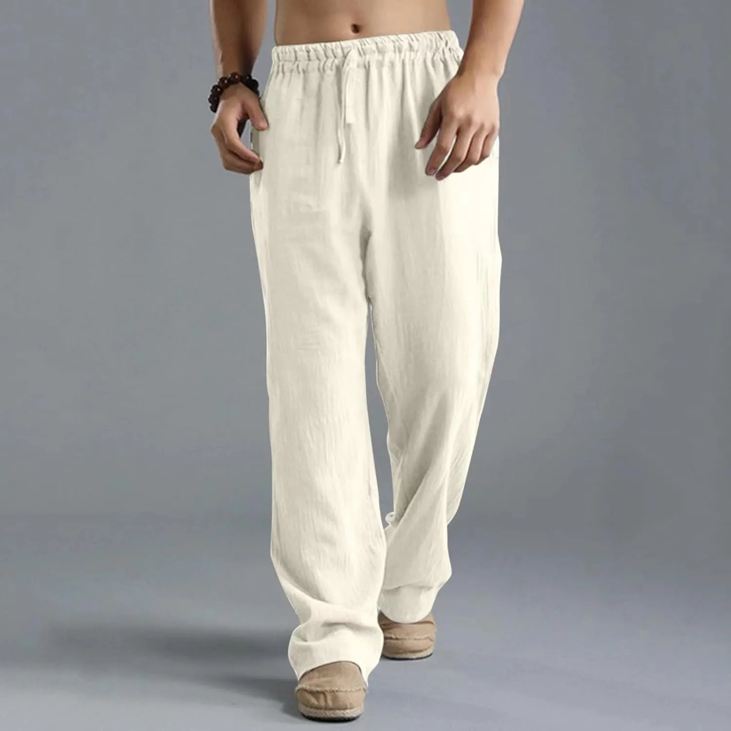 Mens Linen Sweatpants Drawstring Elastic Waist Casual Trendy Lightweight Pants Athletic Joggers Trousers with Pockets