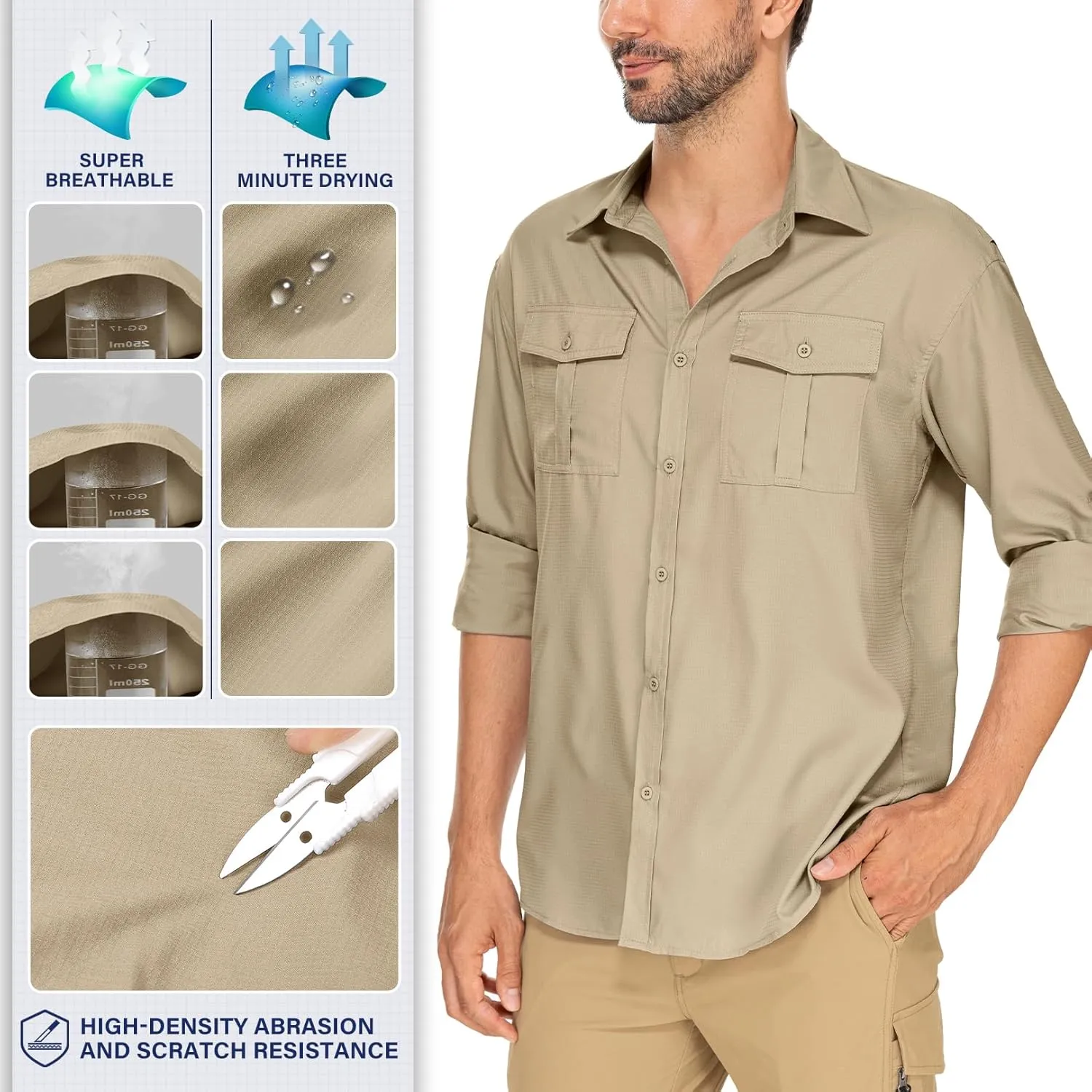 Men's Long Sleeve Sun Protection Fishing Shirt UPF 50  UV Quick Dry Cooling Shirts for Travel Safari Camping Outdoor Hiking