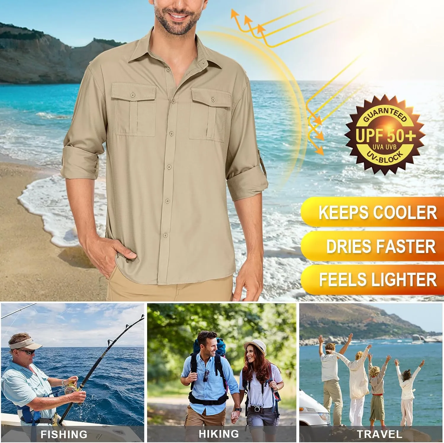 Men's Long Sleeve Sun Protection Fishing Shirt UPF 50  UV Quick Dry Cooling Shirts for Travel Safari Camping Outdoor Hiking