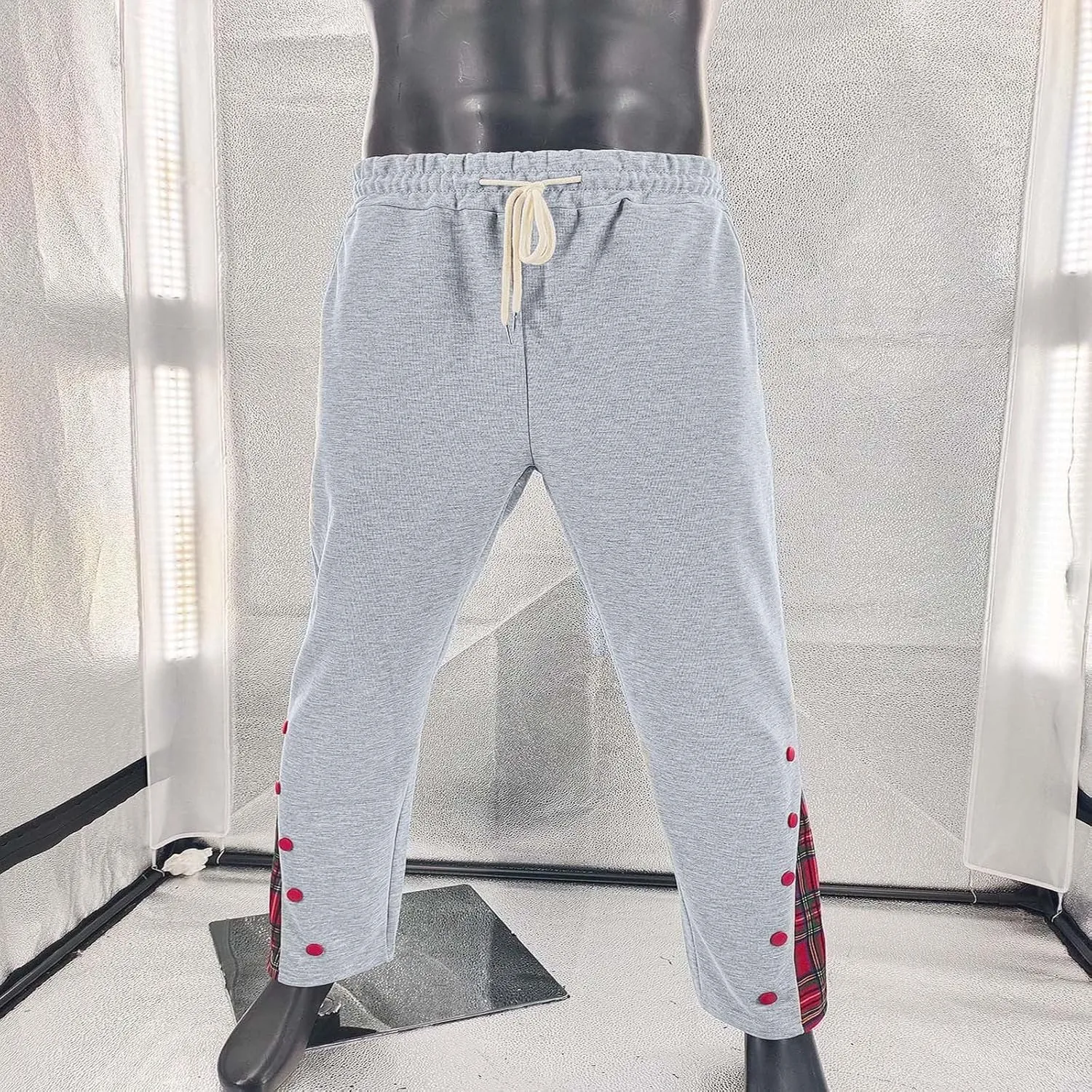 Mens Plaid Patchwork Pants Casual Drawstring Elastic Waist Trouser 2025 Fashion Loose Fit Athletic Pant with Pockets