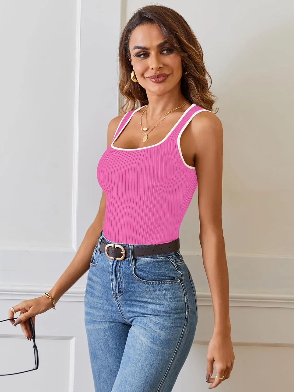 MEROKEETY Women's 2025 Sleeveless Ribbed Tank Tops Summer Square Neck Slim Fitted Color Block Basic Knit Tee Shirts