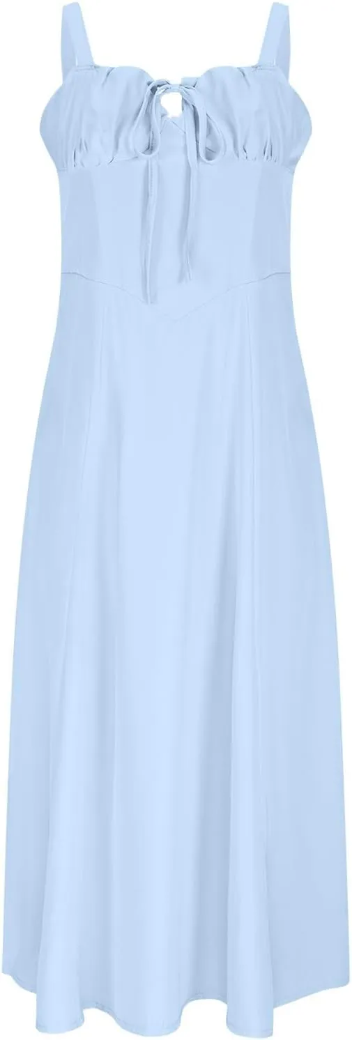 Midi Corset Dress Boho Flowy Slit Lace Up Back Dresses for Women Going Out A Line Tie Neck Casual Cocktail Party Dress