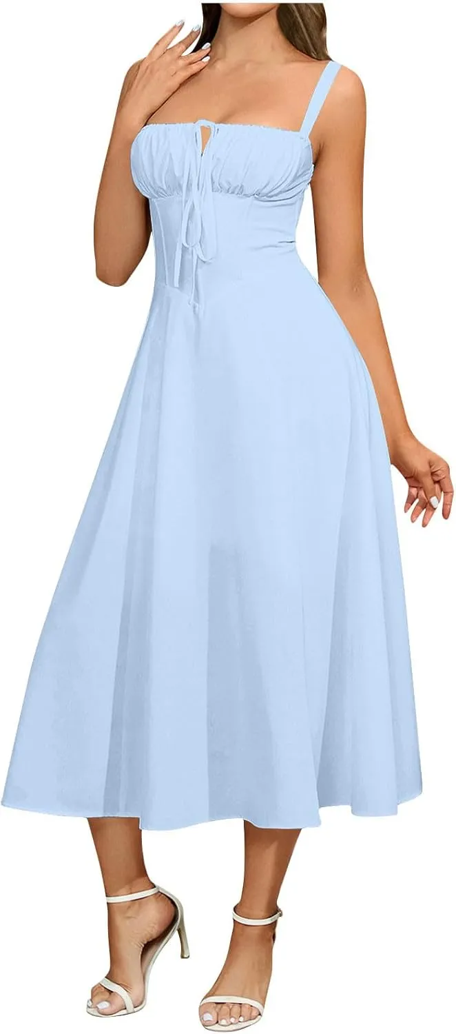 Midi Corset Dress Boho Flowy Slit Lace Up Back Dresses for Women Going Out A Line Tie Neck Casual Cocktail Party Dress