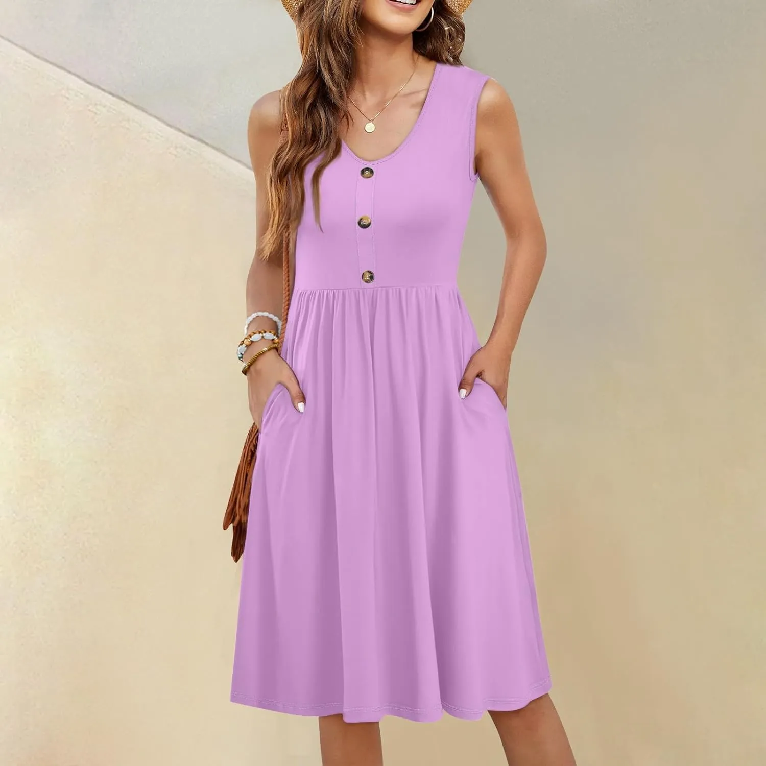 Midi Dresses for Women V Neck Button Sleeveless Tunic Sundress Summer Boho Beach Flowy A Line Tank Dress with Pockets