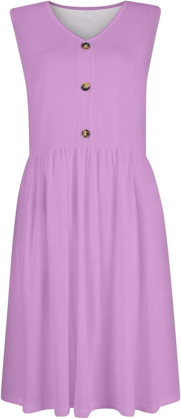 Midi Dresses for Women V Neck Button Sleeveless Tunic Sundress Summer Boho Beach Flowy A Line Tank Dress with Pockets