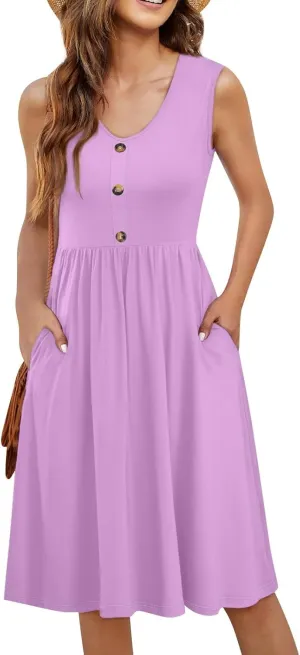 Midi Dresses for Women V Neck Button Sleeveless Tunic Sundress Summer Boho Beach Flowy A Line Tank Dress with Pockets