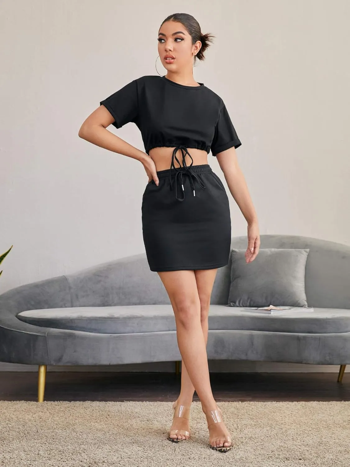 Milumia Women Casual High Waist Mini Skirt Drawstring Workout Skirt with Pocket