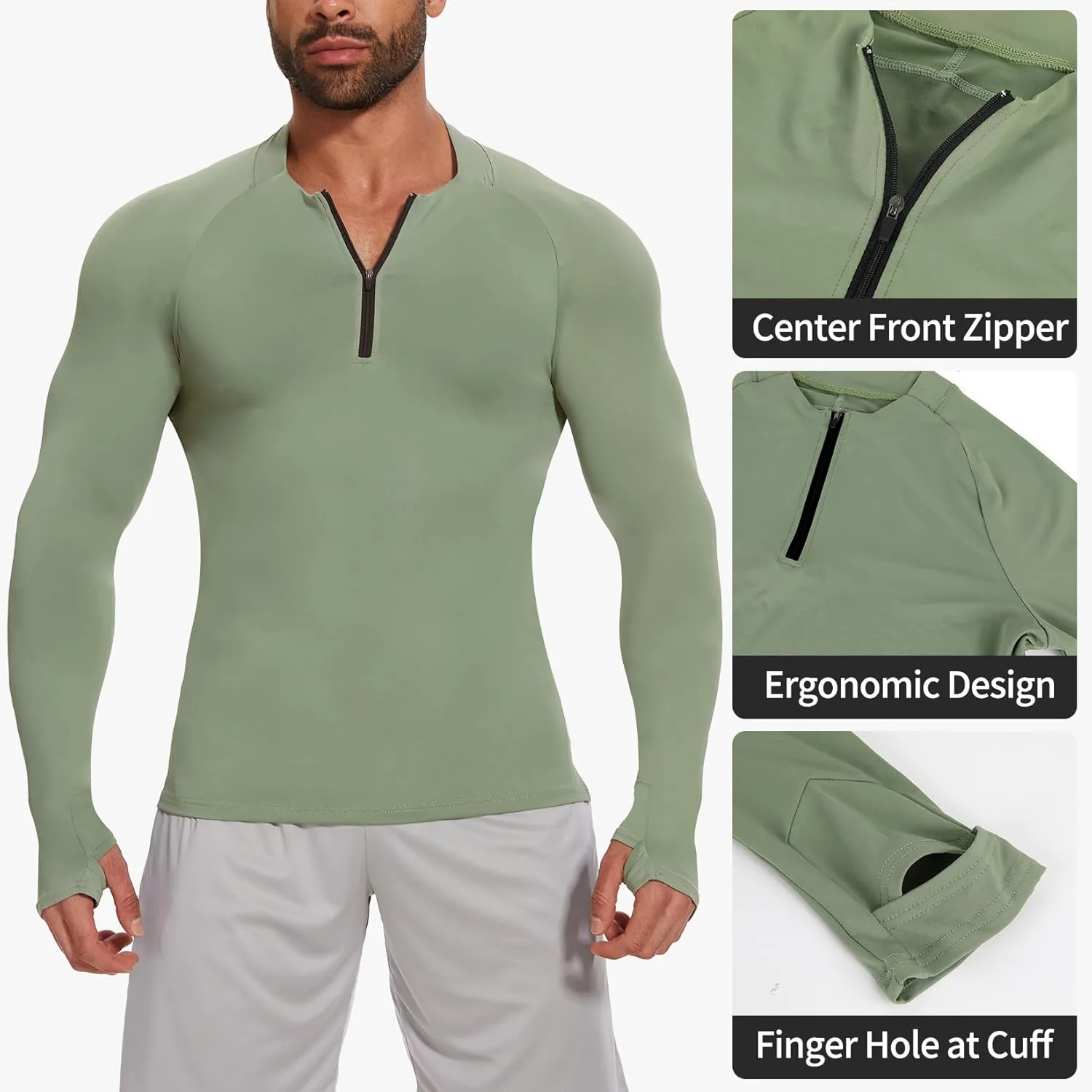 MISS MOLY Mens Long Sleeve Compression Shirt Workout Gym T-Shirt 1/4 Zip Up Dry Top Athletic Base Layer Sport Undershirt