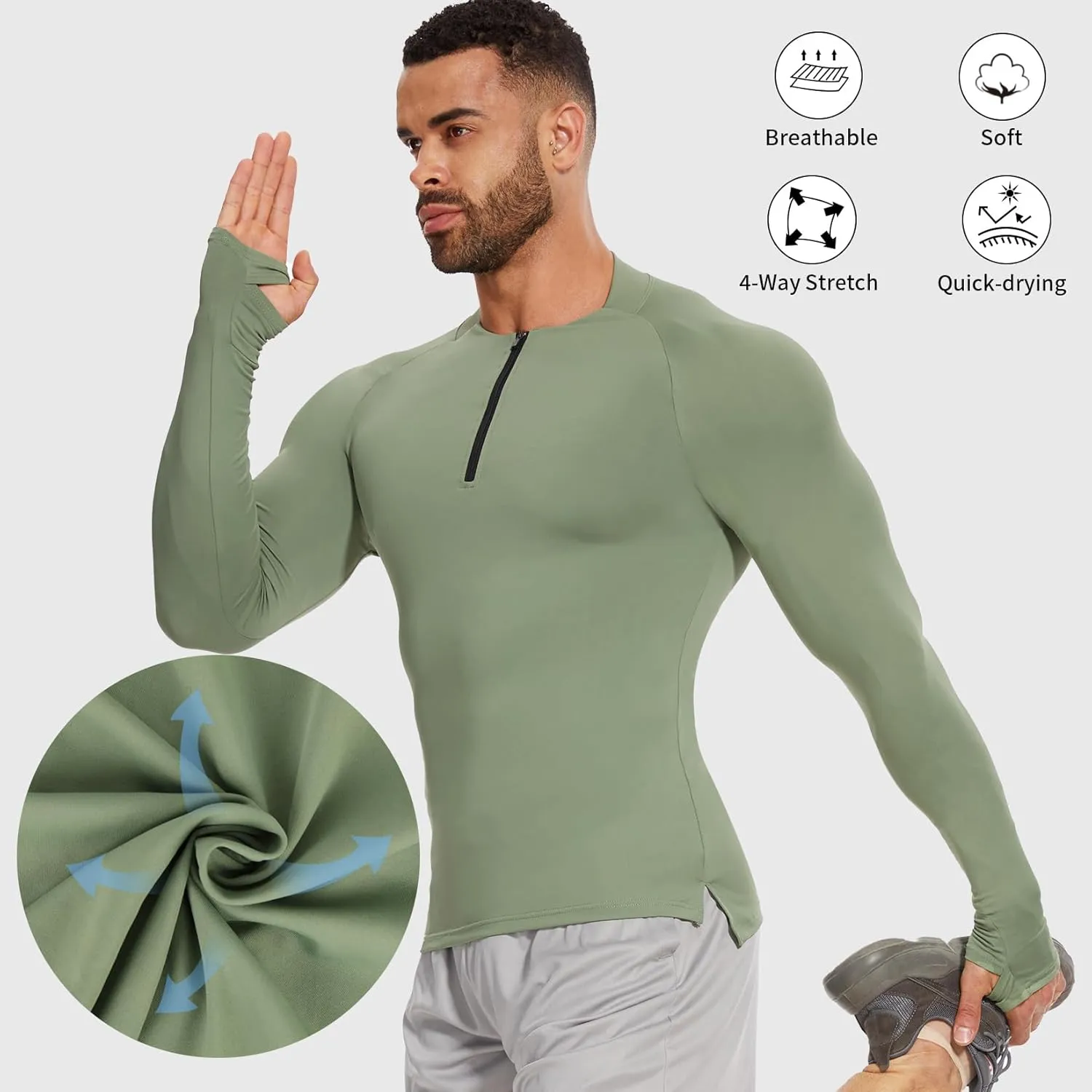 MISS MOLY Mens Long Sleeve Compression Shirt Workout Gym T-Shirt 1/4 Zip Up Dry Top Athletic Base Layer Sport Undershirt