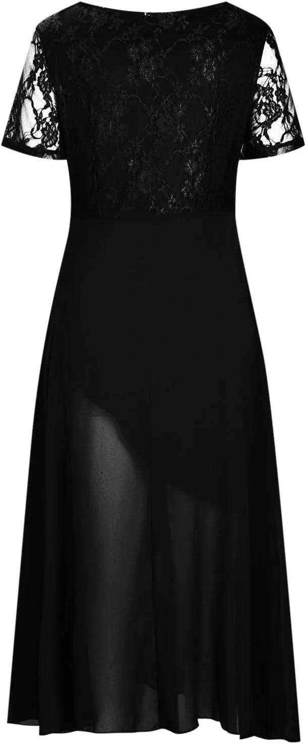 Mother of The Bride Dresses for Women Short Sleeve V-Neck Lace Chiffon Flowy Wedding Guest Dress Formal Evening Gown
