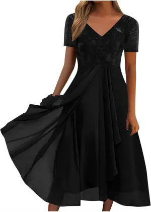 Mother of The Bride Dresses for Women Short Sleeve V-Neck Lace Chiffon Flowy Wedding Guest Dress Formal Evening Gown