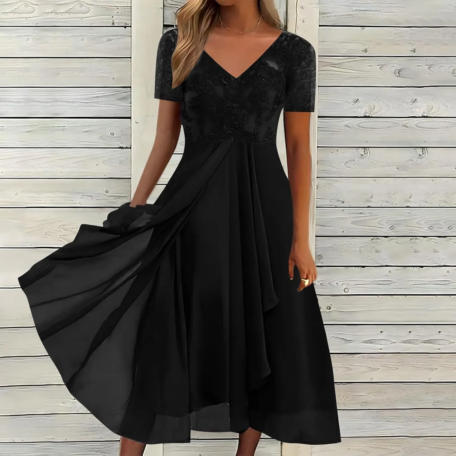Mother of The Bride Dresses for Women Short Sleeve V-Neck Lace Chiffon Flowy Wedding Guest Dress Formal Evening Gown