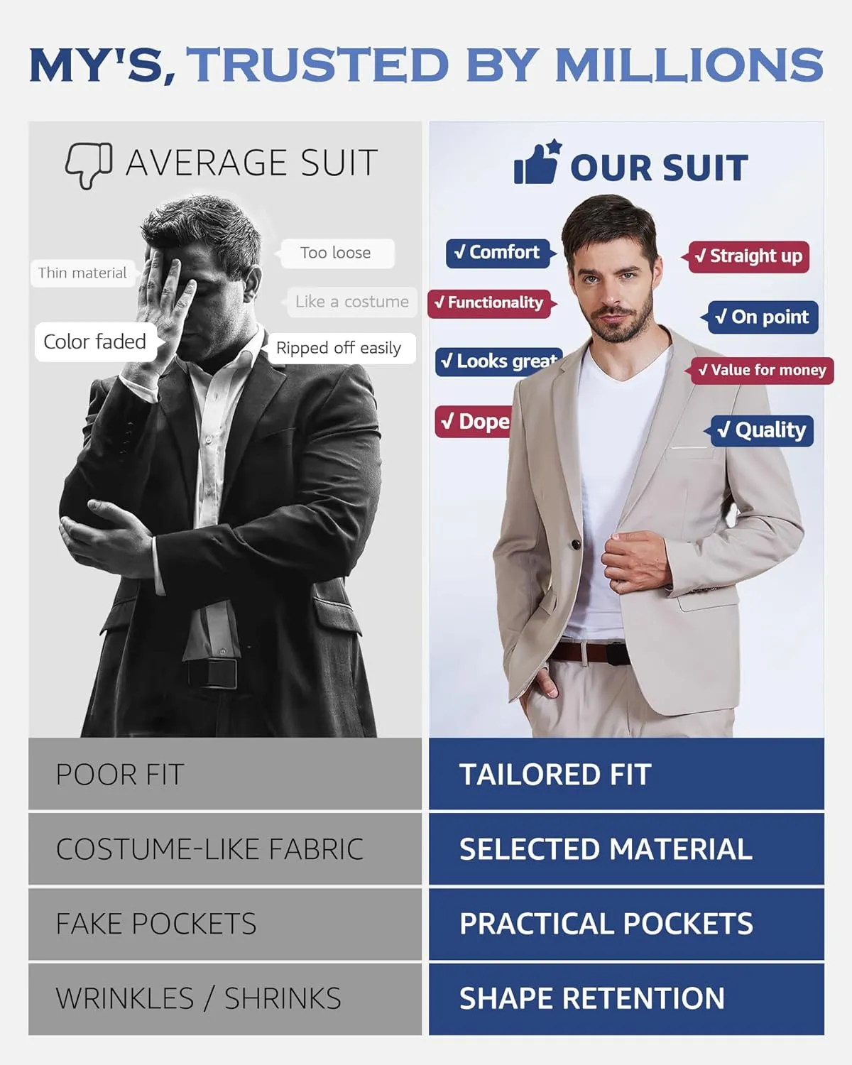 MY'S Men's 2 Piece Slim Fit Suit, One Button Blazer and Short Pants Set with Tie