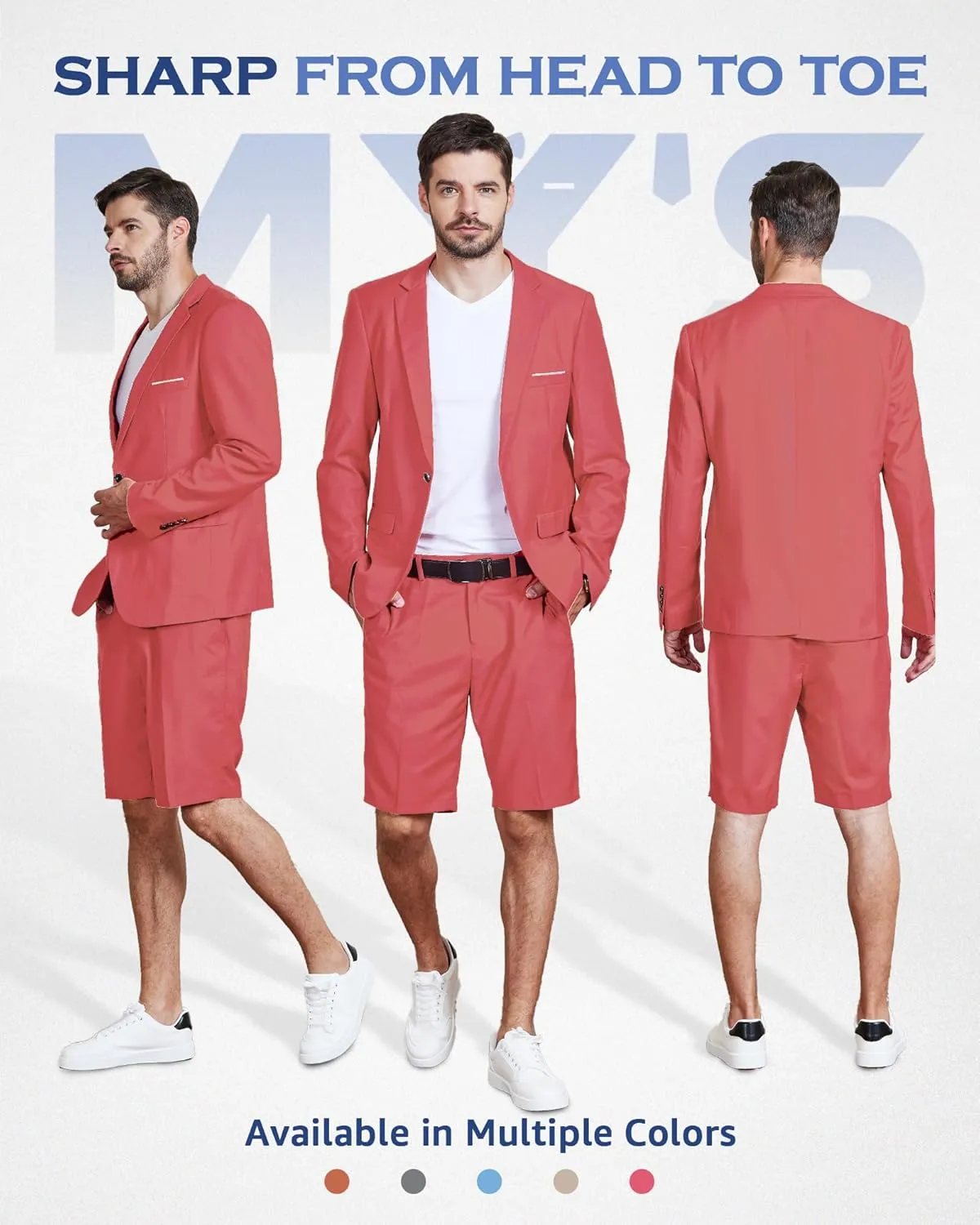 MY'S Men's 2 Piece Slim Fit Suit, One Button Blazer and Short Pants Set with Tie