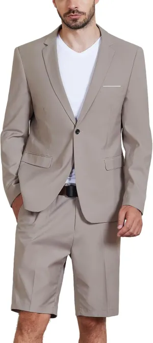 MY'S Men's 2 Piece Slim Fit Suit, One Button Blazer and Short Pants Set with Tie