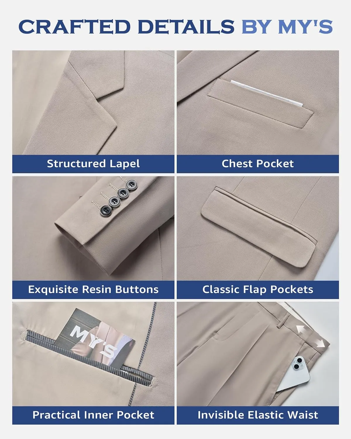 MY'S Men's 2 Piece Slim Fit Suit, One Button Blazer and Short Pants Set with Tie