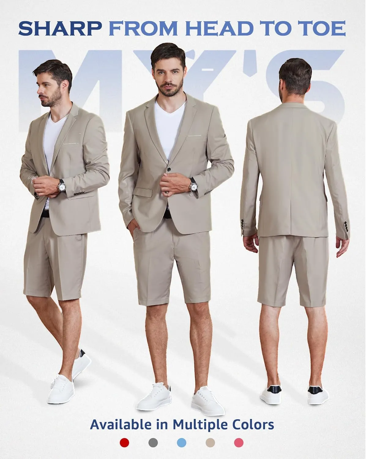 MY'S Men's 2 Piece Slim Fit Suit, One Button Blazer and Short Pants Set with Tie
