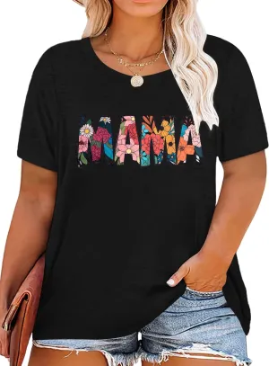 NANYUAYA Plus Size Mama Shirt for Women Mom Printed Tshirt Vintage Floral Graphic Tee Loose Fitting Short Sleeve Top