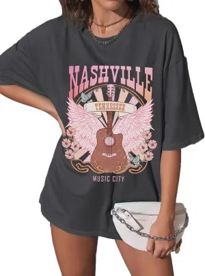 Nashville Shirts for Women Music City Country Music Concert Rock Band Vintage Guitar Wings Graphic Casual Tee Tops