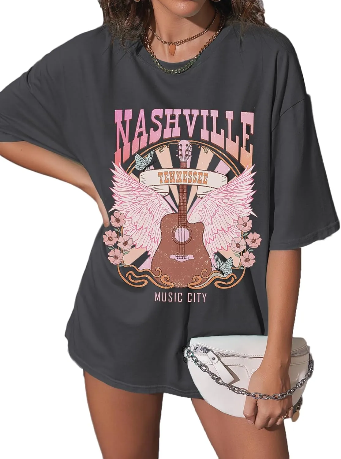 Nashville Shirts for Women Music City Country Music Concert Rock Band Vintage Guitar Wings Graphic Casual Tee Tops