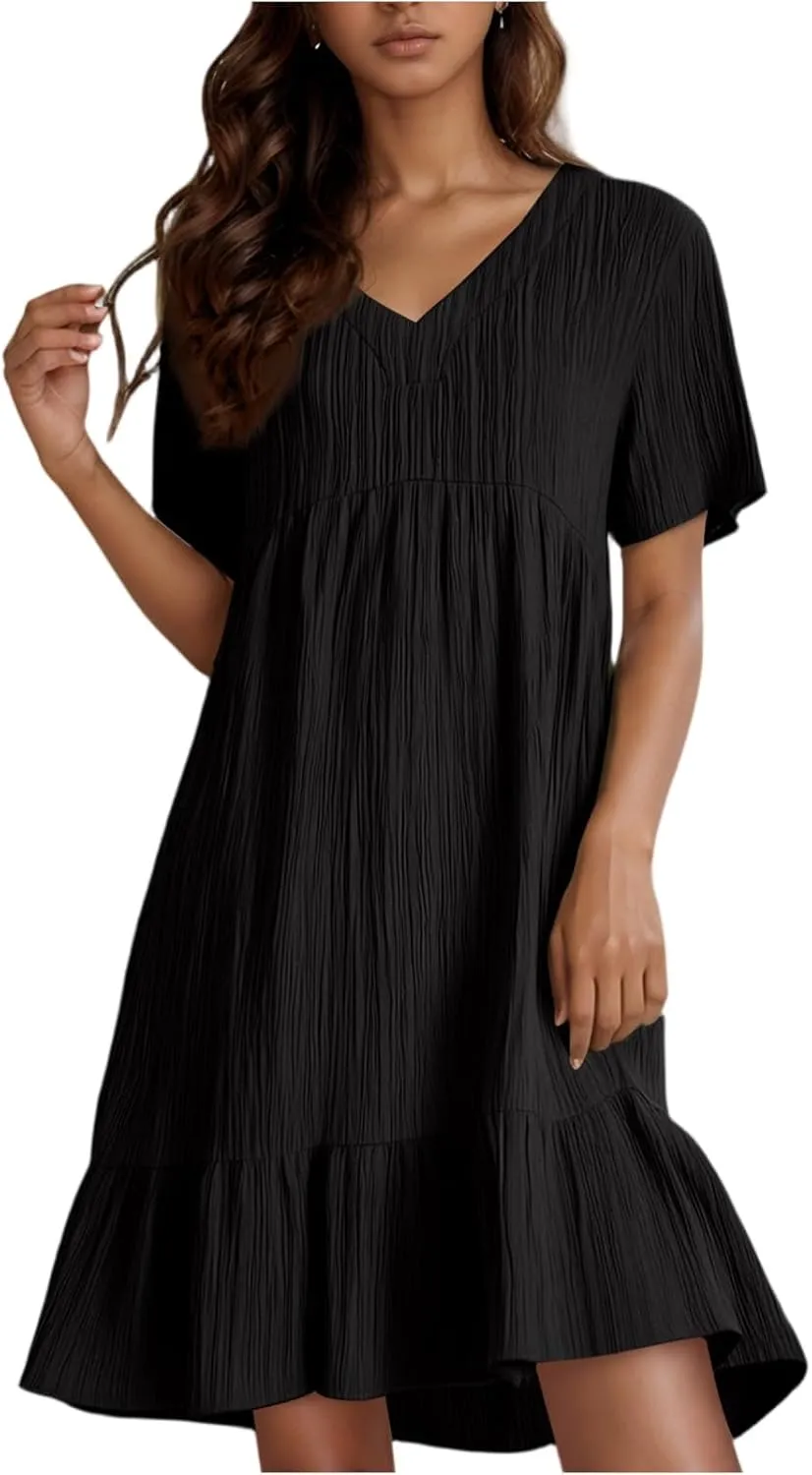 NBXNZWF Summer Dresses for Women 2025 Short Sleeve V Neck Ruffle Flowy Mini Dress Pleated Beach Vacation T Shirt Sundress