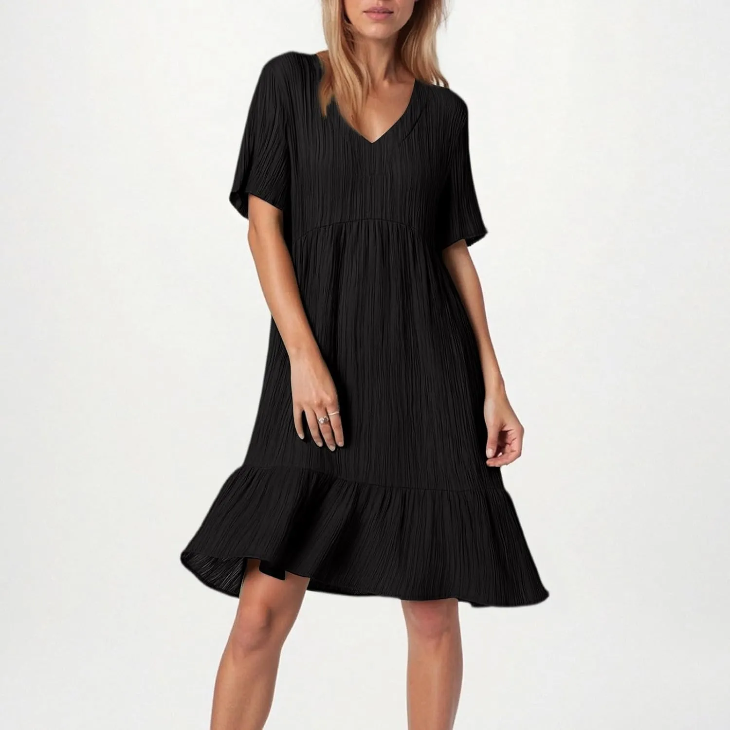 NBXNZWF Summer Dresses for Women 2025 Short Sleeve V Neck Ruffle Flowy Mini Dress Pleated Beach Vacation T Shirt Sundress