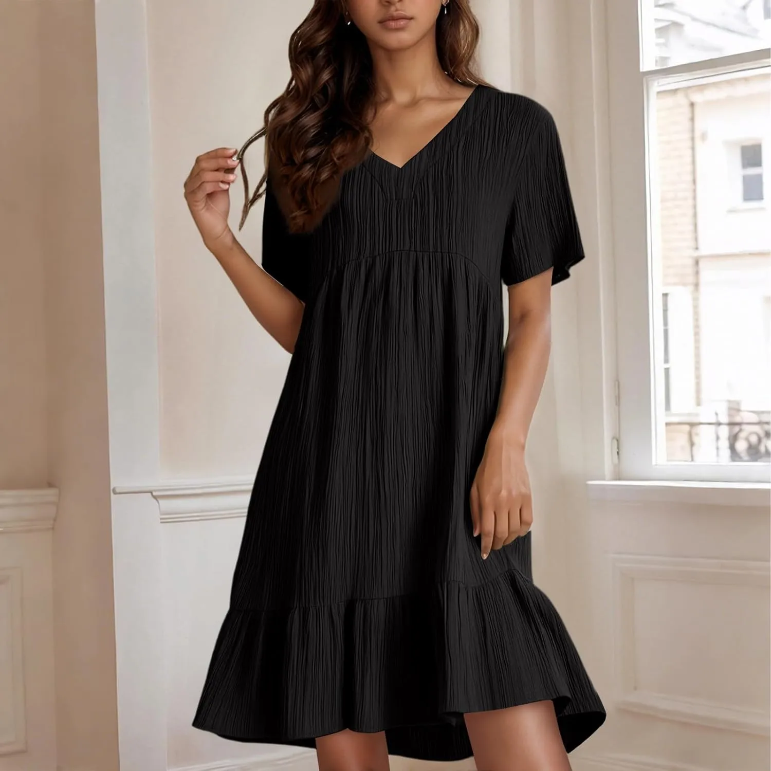 NBXNZWF Summer Dresses for Women 2025 Short Sleeve V Neck Ruffle Flowy Mini Dress Pleated Beach Vacation T Shirt Sundress