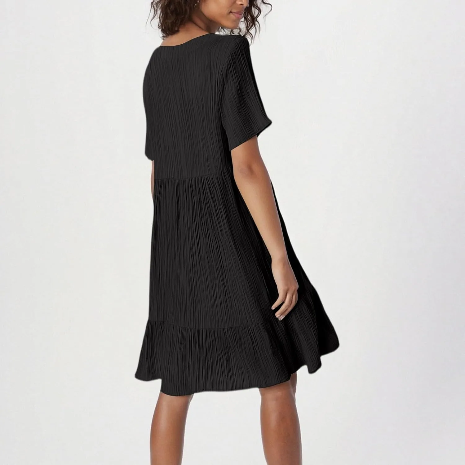 NBXNZWF Summer Dresses for Women 2025 Short Sleeve V Neck Ruffle Flowy Mini Dress Pleated Beach Vacation T Shirt Sundress
