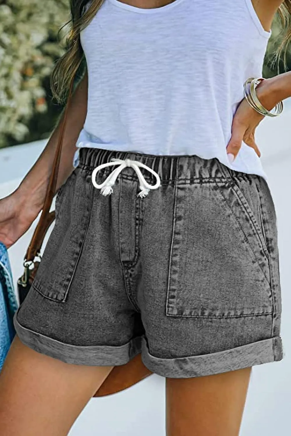 NEYOUQE Women's Casual Fashion Denim Shorts High Waisted Ripped Short Jeans Stretchy Drawstring Elastic Waist Jean 2025