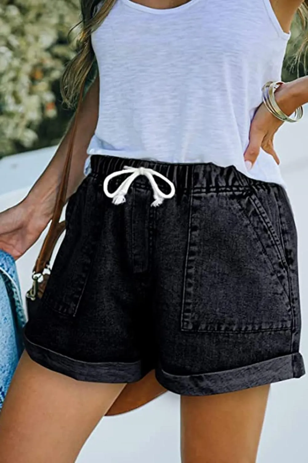 NEYOUQE Women's Casual Fashion Denim Shorts High Waisted Ripped Short Jeans Stretchy Drawstring Elastic Waist Jean 2025