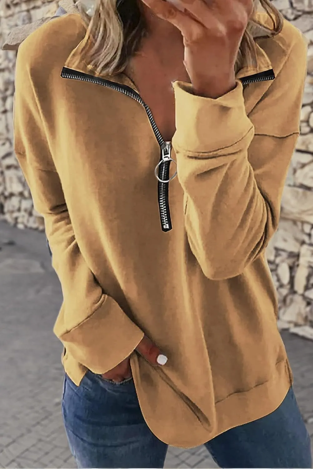 NEYOUQE Womens Fall Winter Fashion Sweatshirts Quarter Zip up pullover Polo sweatshirt women casual trendy crewneck tops