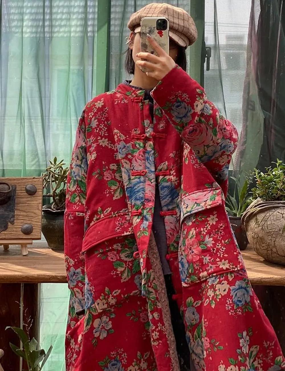 NFYM Women Long Jacket Coats Flowers Printed Lightweight Long Sleeve Loose Big Pockets Vintage Trench
