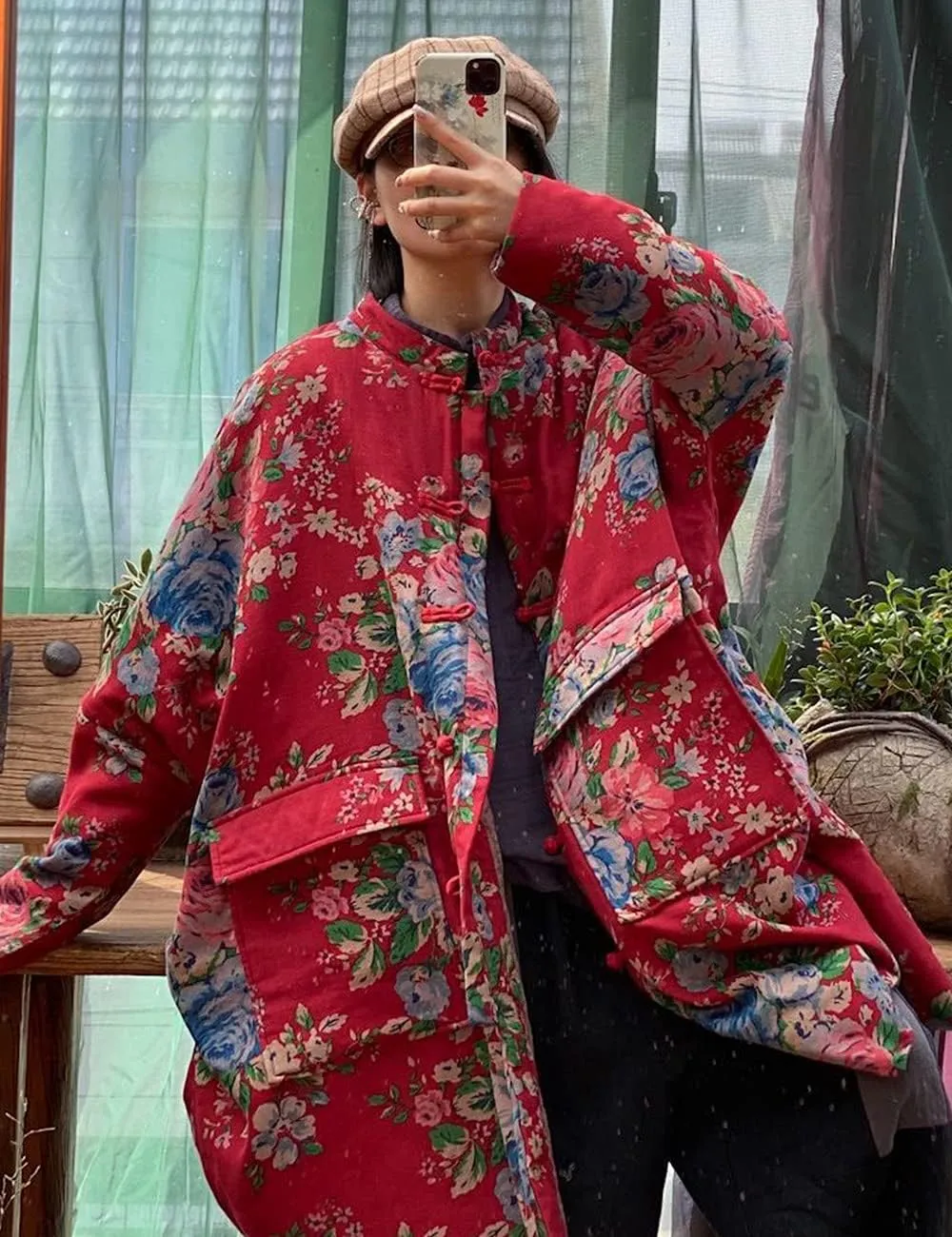 NFYM Women Long Jacket Coats Flowers Printed Lightweight Long Sleeve Loose Big Pockets Vintage Trench