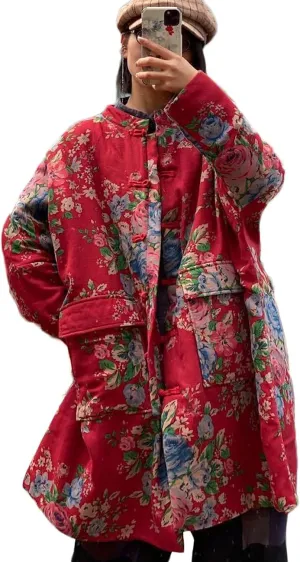 NFYM Women Long Jacket Coats Flowers Printed Lightweight Long Sleeve Loose Big Pockets Vintage Trench