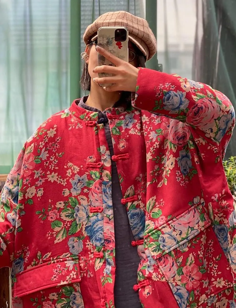 NFYM Women Long Jacket Coats Flowers Printed Lightweight Long Sleeve Loose Big Pockets Vintage Trench