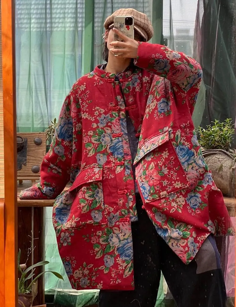 NFYM Women Long Jacket Coats Flowers Printed Lightweight Long Sleeve Loose Big Pockets Vintage Trench