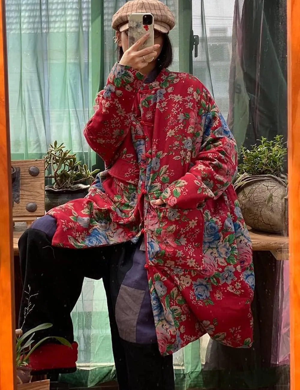 NFYM Women Long Jacket Coats Flowers Printed Lightweight Long Sleeve Loose Big Pockets Vintage Trench